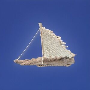 Sail Boat Vintage Driftwood Macrame Sail 16" Long‎ 13" Tall Nautical Decor